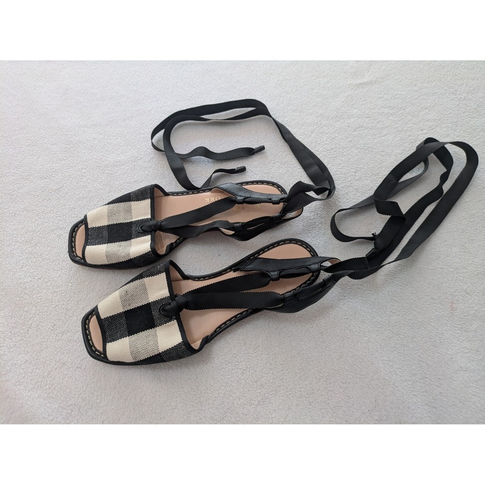 KATE SPADE Maggie Square Toe Checkered Black White Canvas Ankle Wrap Sandals 7
